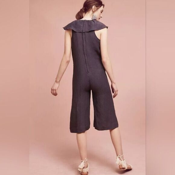 Anthro Maria Stanley Gray Ruffled Neckline Cascada Wide Leg Cropped Jumpsuit S - Picture 3 of 8